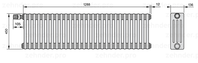 Схема (чертеж) Радиатор Zehnder Charleston 4045/28 №V011 Белый глянцевый RAL 9016
